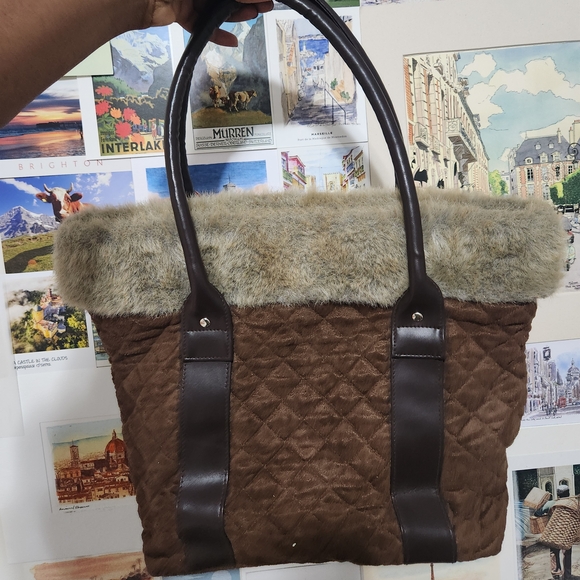 Handbags - Y2k Brown Quilted Tote Bag with Faux Fur Trim